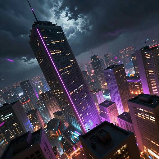 Digital artwork of a futuristic cityscape at night, featuring tall skyscrapers with neon purple and blue lights, under a dramatic, cloud-covered sky.
