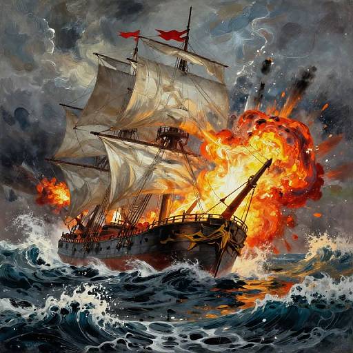 Digital painting of a burning pirate ship with billowing sails, engulfed in flames, crashing through turbulent waves, dark stormy sky backdrop.