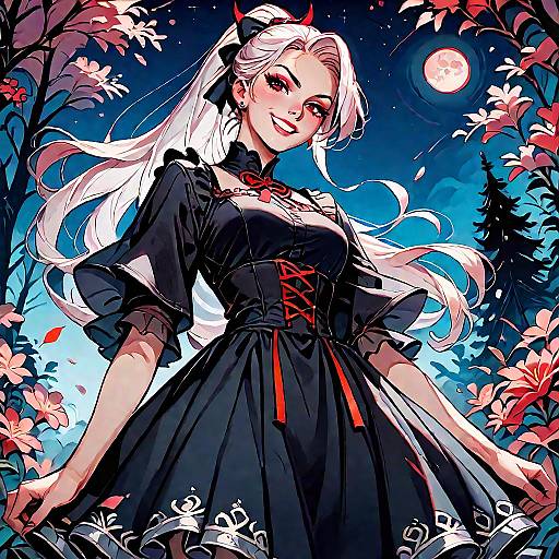 Digital anime-style drawing of a smiling white-haired woman with black dress, red lace-up, and small red horns, under a full moon, surrounded by