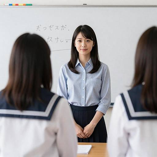Teacher in Striped Shirt Teaching Japanese