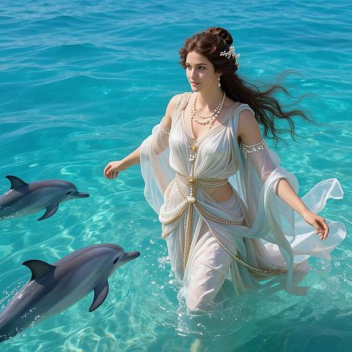 Photograph of a dark-haired woman in a white, flowing, ancient Greek-style dress, adorned with pearls, standing in clear blue ocean water, surrounded