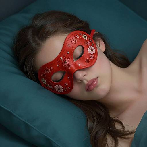 Photograph of a fair-skinned woman with brown hair, wearing a red floral masquerade mask, lying on a teal cushion, eyes closed,