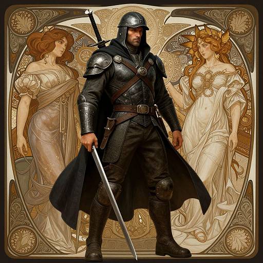 Digital artwork of a muscular armored warrior with a helmet, holding a sword, flanked by two classical-style, ethereal women in flowing dresses. Orn
