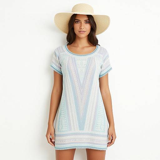 Photograph of a young woman with medium brown skin, dark hair, wearing a white, short-sleeved, textured dress, and a wide-br