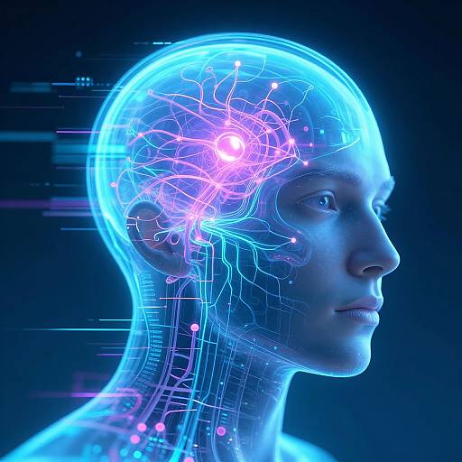 Digital artwork of a glowing blue human head profile, showing intricate, neon pink and blue brain neural networks against a dark background.