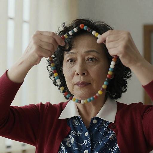 Middle-aged Woman Holding Colorful Beaded Necklace