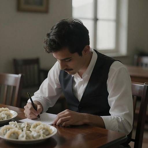 Young Man Writing in Dimly Lit Room