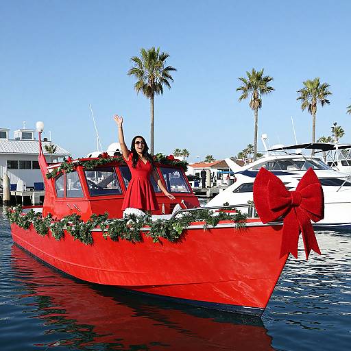 Photograph of a woman in a red dress waving from a festive, red boat adorned with greenery and a large red bow, docked beside other
