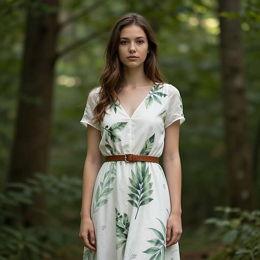 Photograph of a young woman with long brown hair, wearing a white dress with green leaf patterns, brown belt, standing in a lush forest.