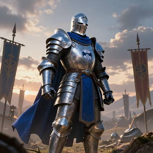 Photorealistic CGI of a armored knight in shiny silver armor and blue cloak, standing proudly in a sunset-lit medieval battlefield.