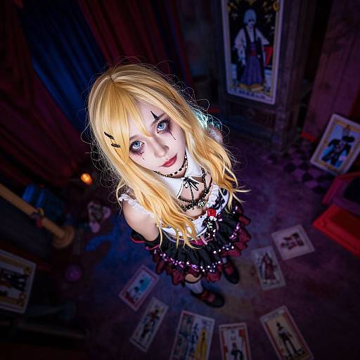 Photograph-style digital artwork of a blonde anime girl with blue eyes, black gothic outfit, and white frilled top, standing in a dimly