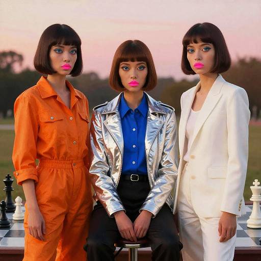 Photograph of three doll-like women with black bob hair, pink lips, and large eyes. Left wears orange jumpsuit, center silver jacket, blue