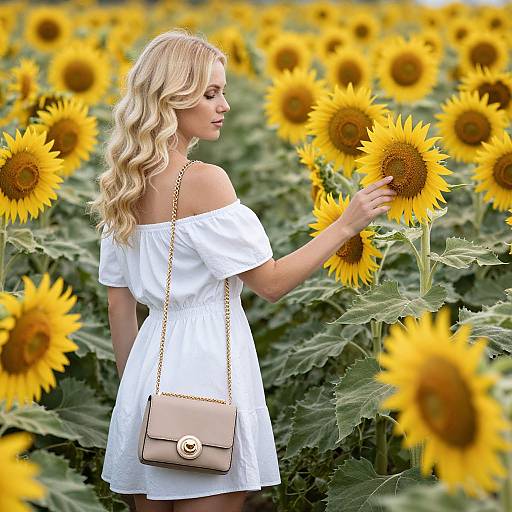 Blonde woman with wavy hair in white off-shoulder dress touches sunflower in vibrant field of yellow sunflowers, beige purse with gold chain