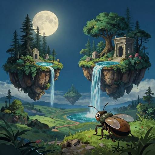 Digital fantasy artwork: A large, curious beetle in the foreground gazes at two floating islands with cascading waterfalls, ruins, and a full moon