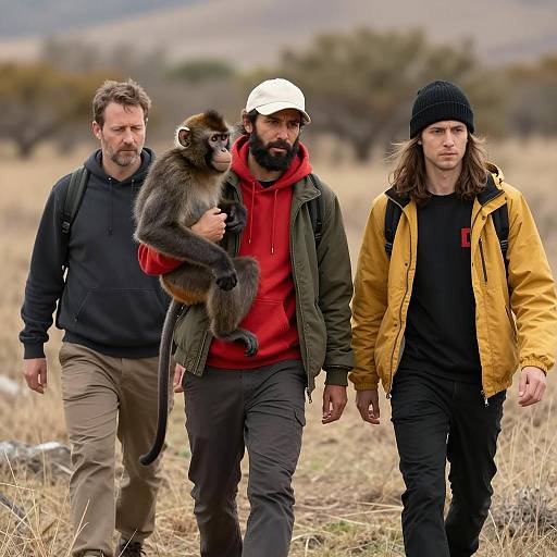 Three Men and a Monkey in Field