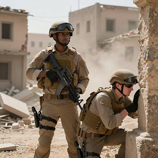 Two Soldiers in Tactical Gear on Urban Warfare Duty