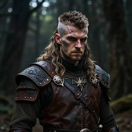 Photograph of a rugged, bearded Viking warrior with long brown hair, black leather armor, and facial tattoos, standing in a dark, misty