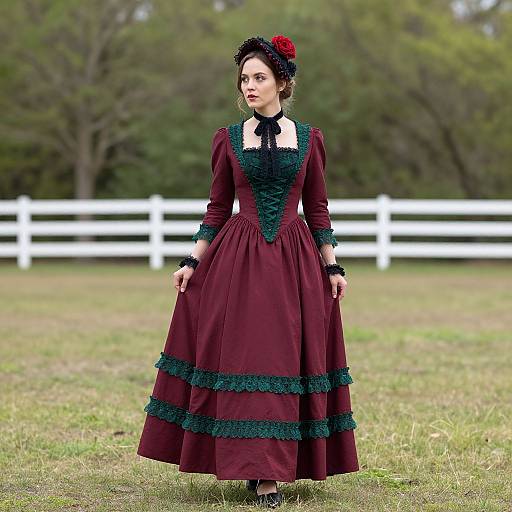 Photograph of a pale-skinned woman in a Victorian-style maroon dress with black lace trim, green accents, and a red rose hair accessory,