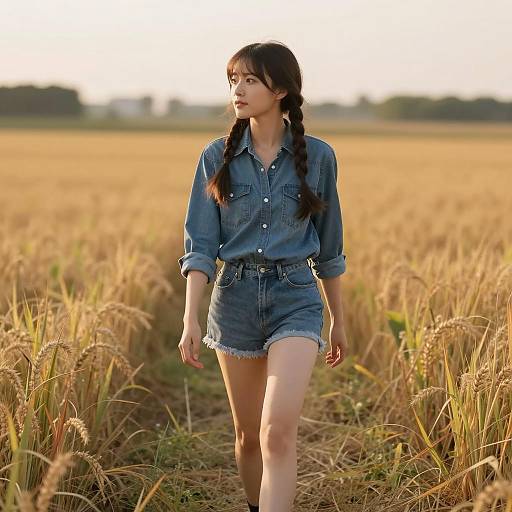 Young Woman Walking in Golden Field at Sunset