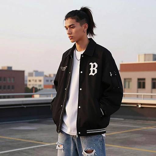 Photograph of a young woman with dark hair in a high ponytail, wearing a black bomber jacket, white shirt, and ripped jeans, standing on