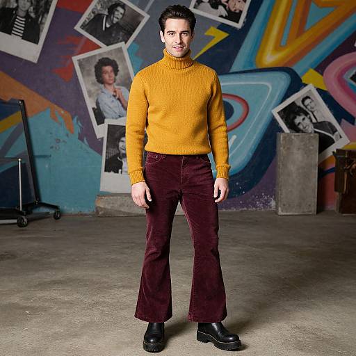 Photograph of a man with short dark hair, wearing an orange turtleneck sweater, maroon flared pants, and black shoes, standing in