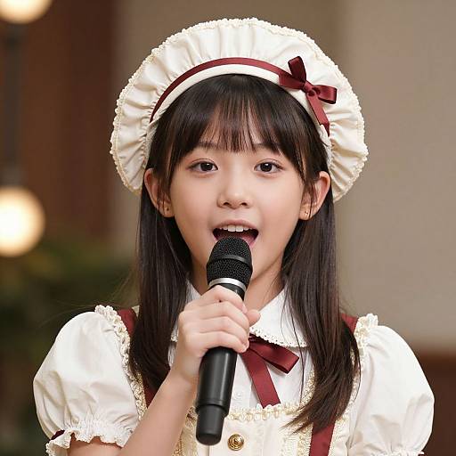 Photograph of an Asian girl with straight black hair, wearing a white frilled maid outfit with a red ribbon, singing into a black microphone. Bl