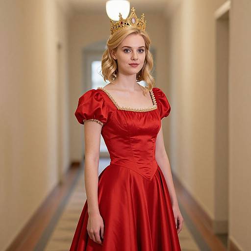Photograph of a blonde woman with fair skin wearing a gold crown and red satin dress with puffed sleeves, standing in a beige hallway.