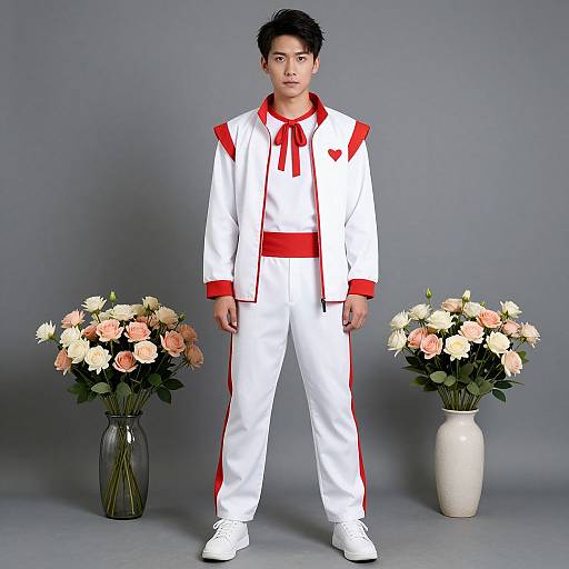 Photograph of an Asian man in a white and red costume, standing between two vases of pastel roses, against a gray background.