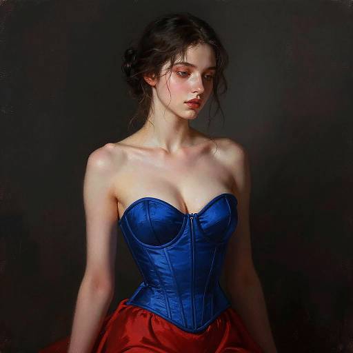 Thoughtful Woman in Blue Corset