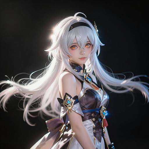 Digital artwork of a white-haired anime girl with glowing yellow eyes, wearing a dark, futuristic armor with blue and gold accents, set against a black background