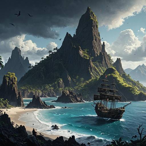 Pirate Ship Near Volcanic Island