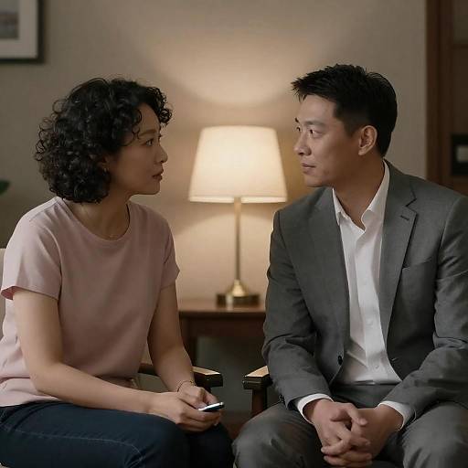 Photograph of an Asian couple in a dimly lit room, wearing casual and business attire, seated on a couch with a table lamp behind them,