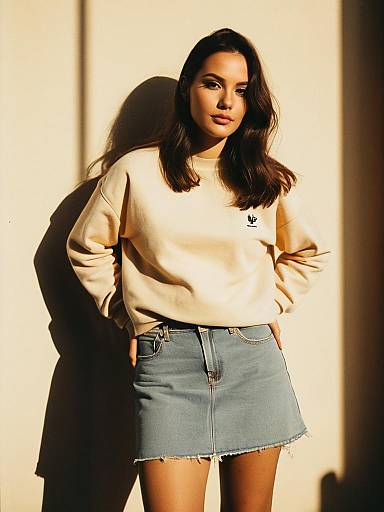 Woman in Casual Streetwear with Denim Skirt