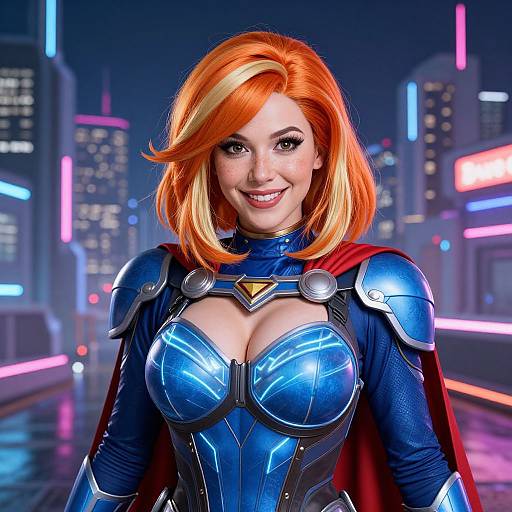 Digital art of a smiling, red-haired woman with large breasts in blue, armored superhero outfit with red cape, set in neon-lit cityscape at