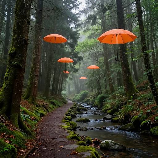 Surreal Misty Forest with Floating Umbrellas