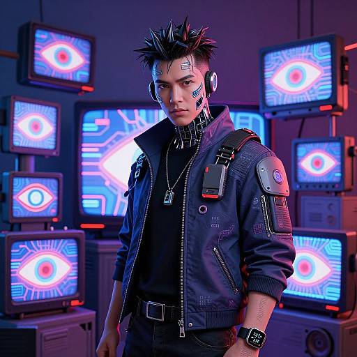 Cyberpunk-style photograph of a spiked-haired man in a black jacket with tech accessories, surrounded by glowing blue and red eye-monitor screens.