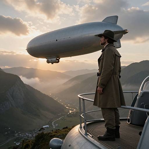 Silver Airship Over Misty Mountains