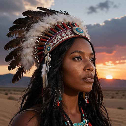 Photograph of a beautiful Black woman in Native American headdress with feathers, turquoise jewelry, and dark hair, set against a sunset desert sky.