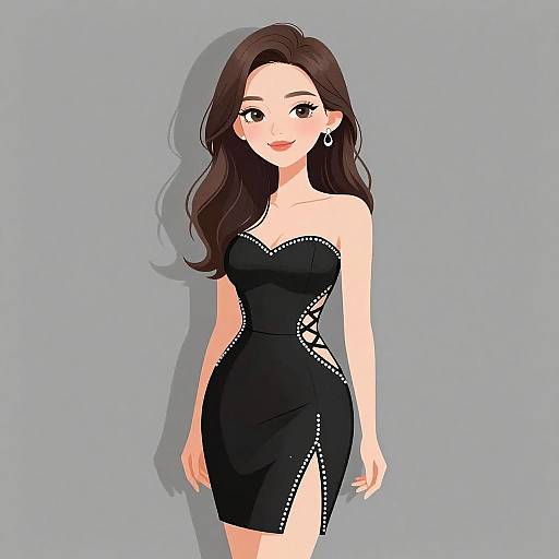 Digital illustration of a smiling, fair-skinned woman with long, wavy dark brown hair, wearing a strapless black dress with white crisscross