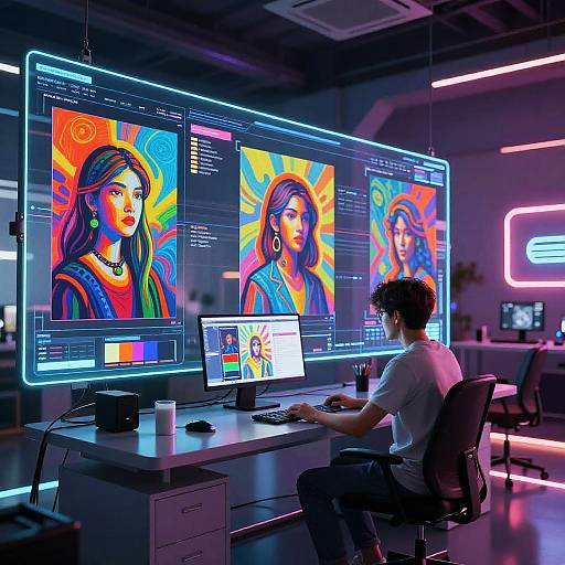 Neon-lit graphic designer in white shirt, seated at desk, working on vibrant digital portraits of women on three large screens. Modern, futuristic office