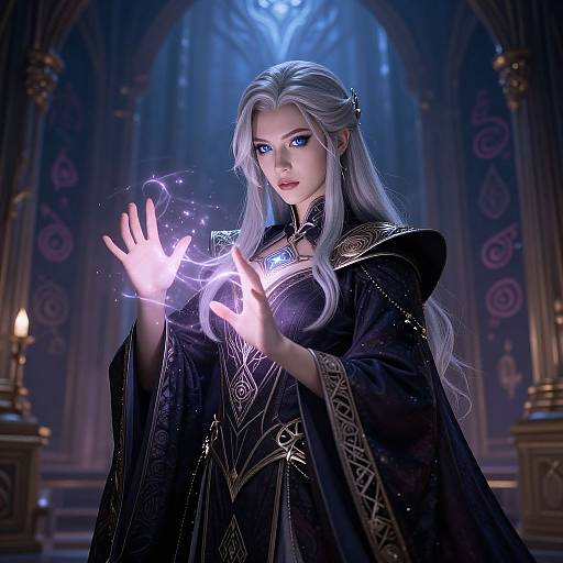 Digital fantasy artwork of a silver-haired, blue-eyed woman in an ornate black robe, casting glowing white magic in a dimly lit, gothic