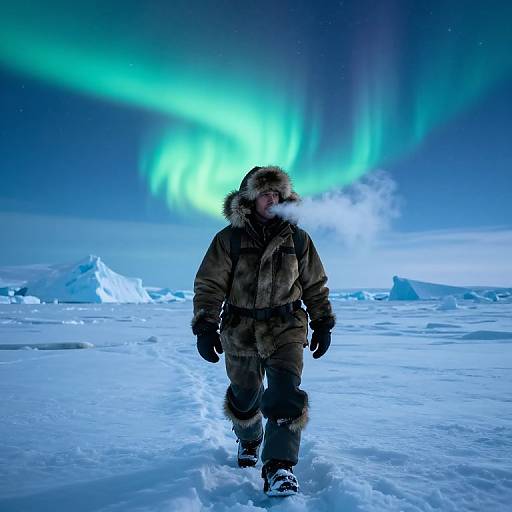 Photograph of a person in a brown winter parka with fur hood, walking on snowy Arctic landscape under vibrant green aurora.