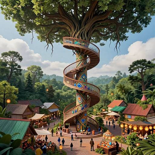 Whimsical digital painting of a spiral treehouse in a lively, colorful forest village with market stalls, lanterns, and people.