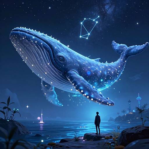 Digital artwork: Silhouetted person gazes at a glowing, star-decorated blue whale in a cosmic night sky, with constellations