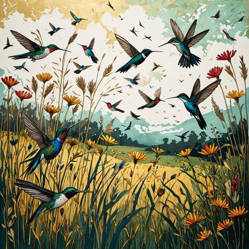 Cloud of Hummingbirds in Meadow