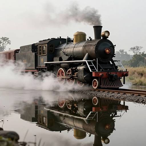 Photograph of a vintage black steam locomotive with white steam, red wheels, and a reflective puddle on the tracks.