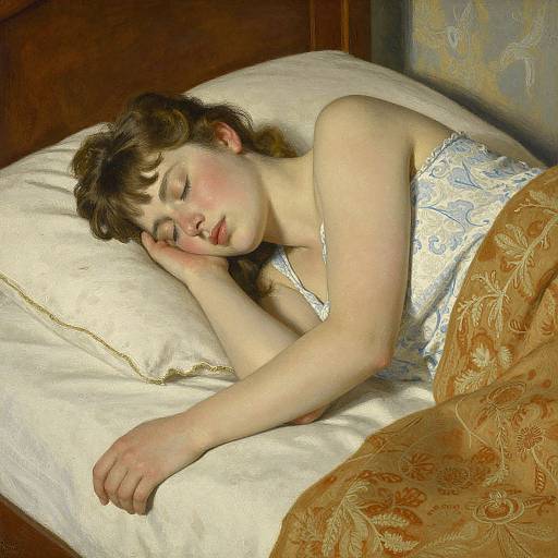 Photograph of a fair-skinned woman with brown hair, sleeping on a white pillow, wearing a white floral nightgown, covered by an orange