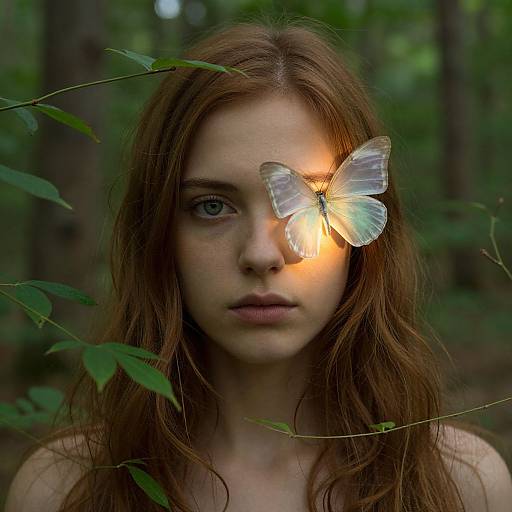 Photograph of a young woman with long red hair, fair skin, and blue eyes, standing in a forest. A glowing white butterfly hovers above