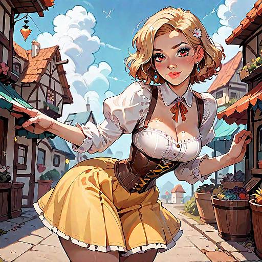Digital anime-style illustration of a blonde woman with a flower in her hair, wearing a white blouse, brown corset, and yellow skirt, leaning in
