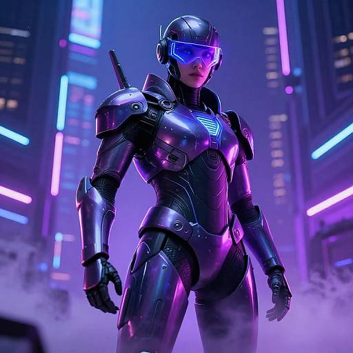Photorealistic CGI of a futuristic female android in a neon-lit cityscape, wearing black metallic armor with glowing blue visor and neon accents,